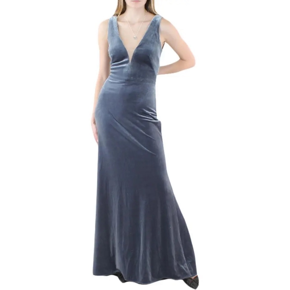Aqua Steel Grey Velvet Sleeveless Plunge V-Neck Long Formal Evening Gown - NWT